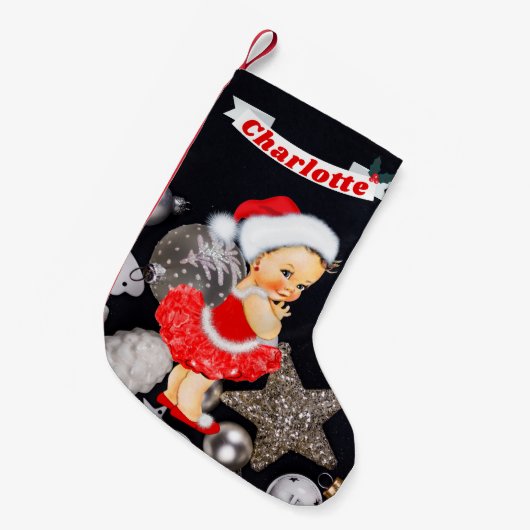 Petite Chaussette De Noël Nom argenté rouge de monogramme de bébé mignon de (Devant (Accrochage))