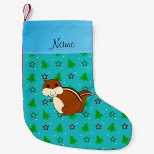 Petite Chaussette De Noël Nom chipmunk turquoise noël arbres étoiles