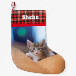 Petite Chaussette De Noël Nom de compagnie personnalisé Photo carreaux rouge