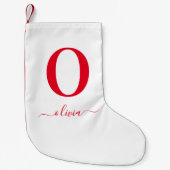 Petite Chaussette De Noël Nom De Script Monogramme Personnalisé Blanc Et Rou (Devant)