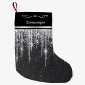 Petite Chaussette De Noël Nom élégant de script moderne noir et argent (Devant)