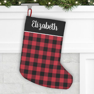 Petite Chaussette De Noël Nom en script à carreaux rouge et noir classiques 