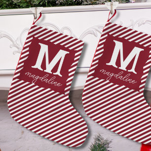 Petite Chaussette De Noël Nom Monogramme Rayé Simple Rouge et Blanc