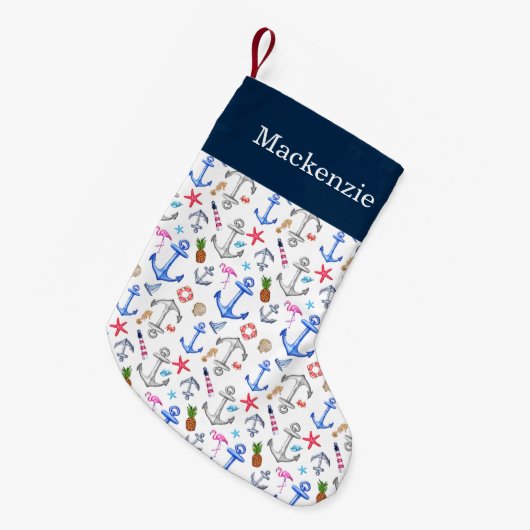 Petite Chaussette De Noël Nom nautique de coutume de motif d'été de plage (Devant (Accrochage))