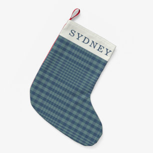 Petite Chaussette De Noël Nom personnalisé Classic Bleu Retro Glen Plaid