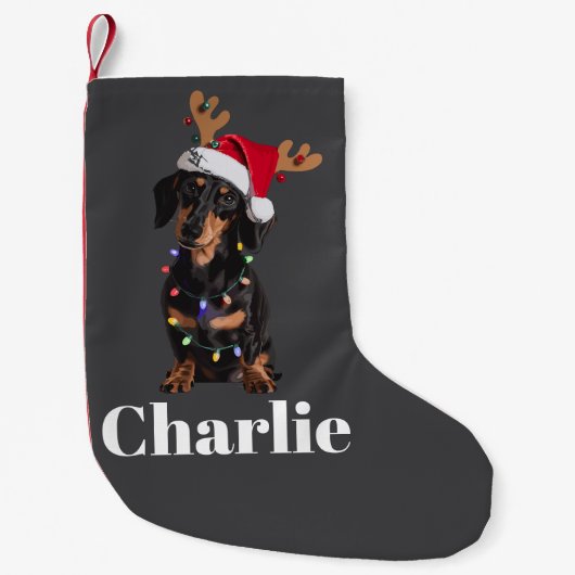 Petite Chaussette De Noël Nom personnalisé Feux de Chien de Noël Dachshund (Devant)
