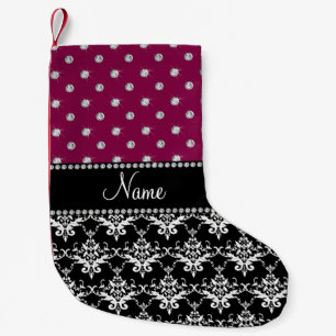 Petite Chaussette De Noël Nom personnalisé noir damassé prune violet losange