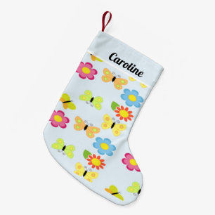 Petite Chaussette De Noël Nom personnalisé papillons et fleurs bleu motif