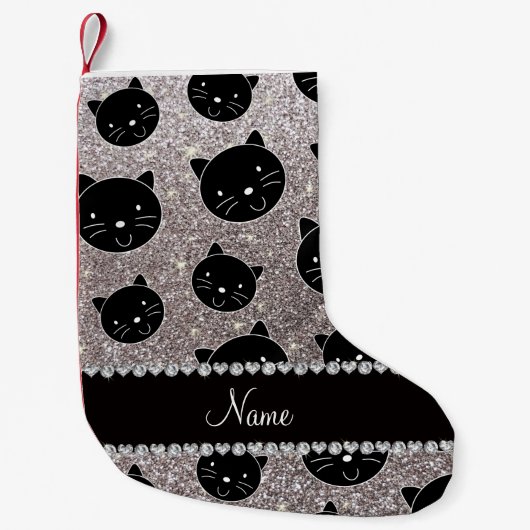 Petite Chaussette De Noël Nom personnalisé parties scintillant argent noir v (Devant)