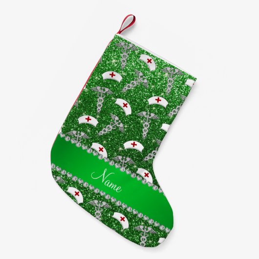 Petite Chaussette De Noël Nom vert parties scintillant infirmière casquette  (Devant (Accrochage))