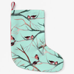 Petite Chaussette De Noël Oiseaux d'hiver Branches de l'arbre Aquarelle