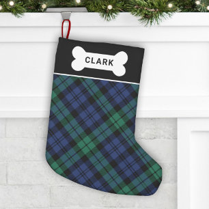 Petite Chaussette De Noël Os vert bois et tartan bleu chien nom d'os