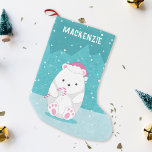 Petite Chaussette De Noël Ours polaire dans Santa hat rose mignon Carton ble<br><div class="desc">Ce joli bas de Noël met en scène un ours polaire avec chapeau de Père Noël rose et sucre de canne, avec chute de neige, dans les couleurs bleu turquoise. Un accent de vacances amusant à votre décoration de Noël ou un joli cadeau pour les enfants et pour tous ceux...</div>