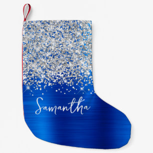 Petite Chaussette De Noël Paillettes Argent Royal Bleu Glam Nom