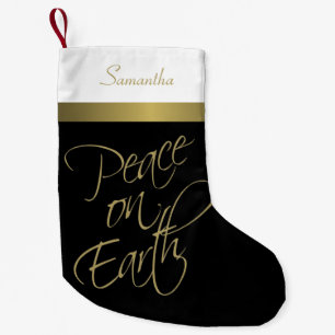 Petite Chaussette De Noël Paix sur Terre Elégant Noir, Or & Blanc