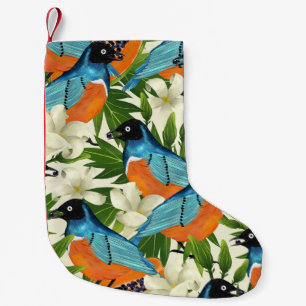 Petite Chaussette De Noël papaye tropicale et motif d'oiseaux.