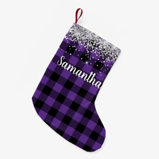 Petite Chaussette De Noël Parties scintillant d'argent Plaid violet et noir 