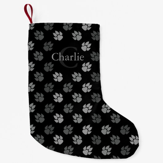 Petite Chaussette De Noël Pâtes De Chien Noir Et Gris Avec Monogramme Et Nom (Devant)
