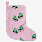Petite Chaussette De Noël Patins à rouleaux rétrogrades : motif rose. (Devant)