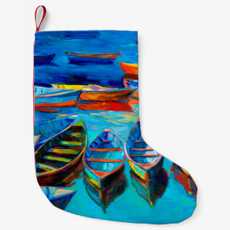 Petite Chaussette De Noël  peinture à l'huile de bateaux et mer sur toile. C