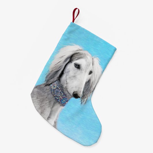 Petite Chaussette De Noël Peinture de Saluki (Argent) - Joli art original de (Devant (Accrochage))