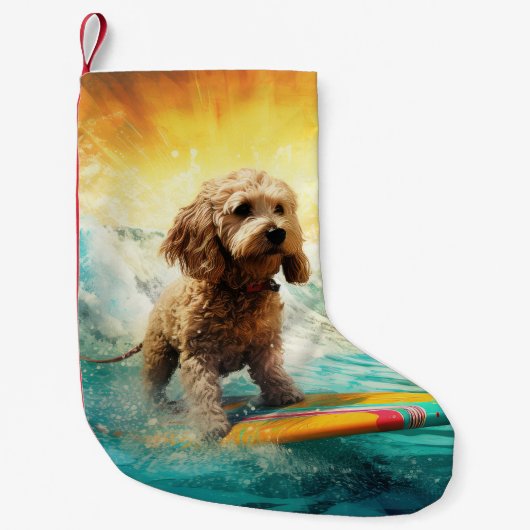 Petite Chaussette De Noël Peinture de surf à la plage de Cockapoo (Devant)