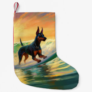 Petite Chaussette De Noël Peinture de Surf à la Plage de Doberman