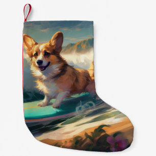 Petite Chaussette De Noël Peinture de Surf sur la Plage de Corgi