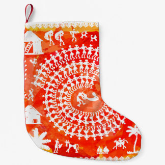 Petite Chaussette De Noël Peinture Warli - main dessinée traditionnelle l'An