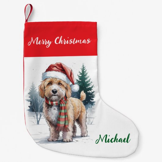 Petite Chaussette De Noël Personalized Goldendoodle Dog in Santa Hat  (Devant)