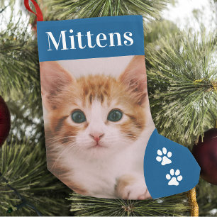 Petite Chaussette De Noël Personnalisé Pet Cat Photo Holiday Blue Personnali