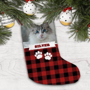 Petite Chaussette De Noël Personnalisé Rustic Red Buffalo Nom du chat Photo