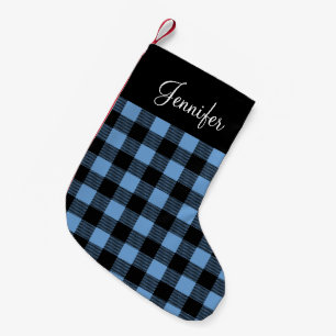 Petite Chaussette De Noël Personnalisé Rustique Bleu Buffalo Carreaux