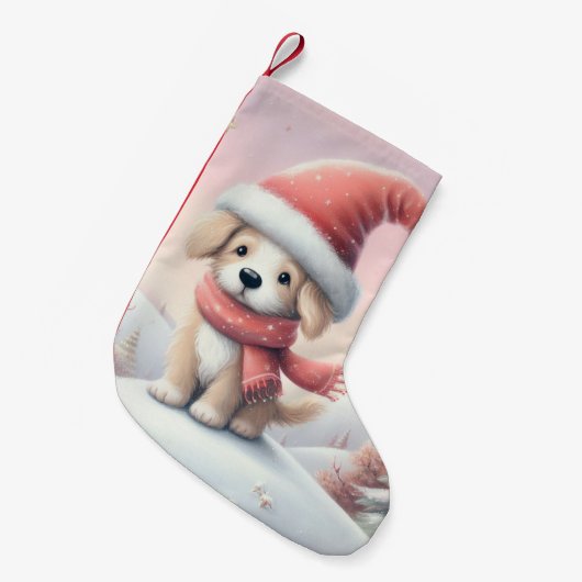 Petite Chaussette De Noël Petit chiot de Noël en chapeau santa (Devant (Accrochage))
