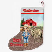 Petite Chaussette De Noël Petite fille occidentale avec cheval et grange (Dos)
