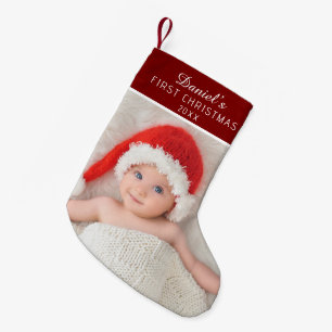 Petite Chaussette De Noël Photo de bébé élégant rouge avec nom personnalisé