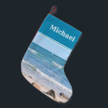 Petite Chaussette De Noël Photo de Blue Ocean Waves Sandy Beach<br><div class="desc">Cette belle réserve dispose d'une belle photo de l'océan. Peut être customisé avec nom ou monogramme.</div>