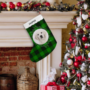 Petite Chaussette De Noël Photo de chien avec couronne de Noël à carreaux ta