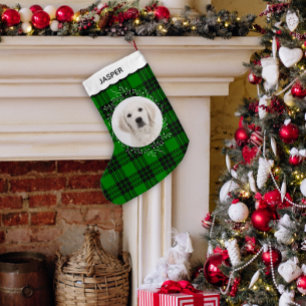 Petite Chaussette De Noël Photo de chien avec une couronne de Noël à carreau