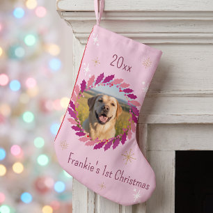 Petite Chaussette De Noël Photo de chien personnalisée Couronne rose scintil