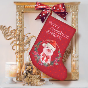 Petite Chaussette De Noël Pig de Noël Cute Piglet Bow Wreath Pois