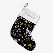 Petite Chaussette De Noël Pin doodle d'or noir avec nom festif (Devant (Accrochage))