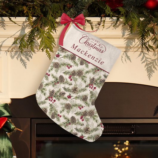Petite Chaussette De Noël Pine d'aquarelle cônes Script botanique Noël