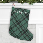 Petite Chaussette De Noël Pine Green Tartan Plaid Personalized Name<br><div class="desc">This festive holiday ornament design features a classic yet moderne hunter/pine green and black Scottish tartan plaid patterned background with élégant white text that can be personalized with a familiy member's name. The green background can be customized to any other color you prefer.</div>