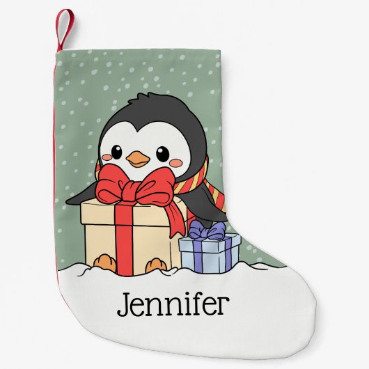 Petite Chaussette De Noël Pingouin mignon avec cadeaux de Noël dans la chute (Devant)