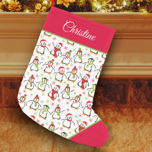 Petite Chaussette De Noël Pingouins Motif rouge et vert