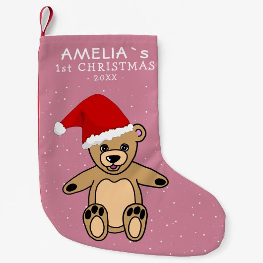Petite Chaussette De Noël Pink Baby`s First Christmas Teddy Bear Santa Hat (Devant)