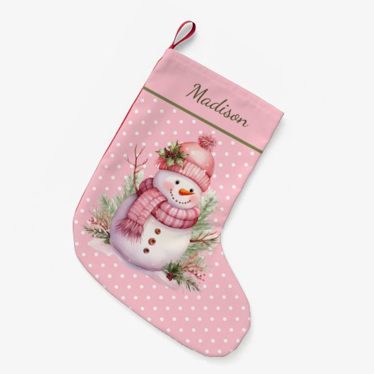 Petite Chaussette De Noël Pink Snowman Polka Point Custom Christmas Stocking (Devant (Accrochage))