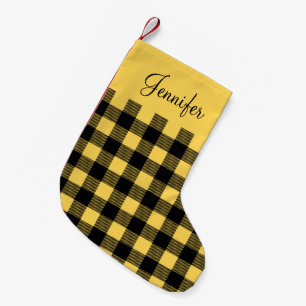 Petite Chaussette De Noël Plaid Buffalo Jaune Rustique Personnalisé