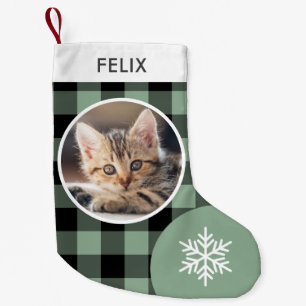 Petite Chaussette De Noël Plaid Buffalo Vert Photo Personnalisée de Chat